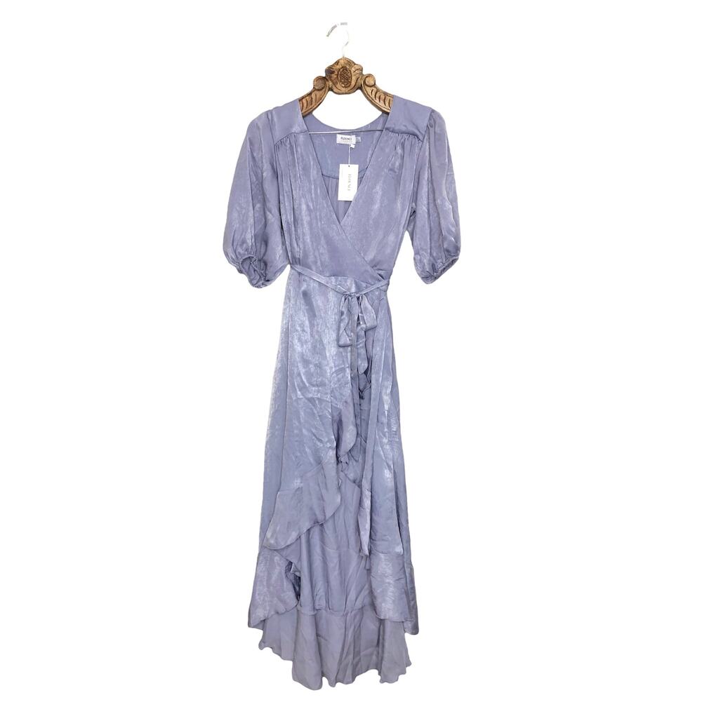 ASOS Flounce London Wrap Midi Dress Satin Purple Ruffle Hem Puff Sleeve NEW 14